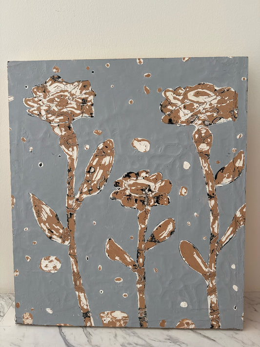 Original Oil on Canvas Panel "Three Flowers on Grey" by Erik Gonzales, 20"x23"