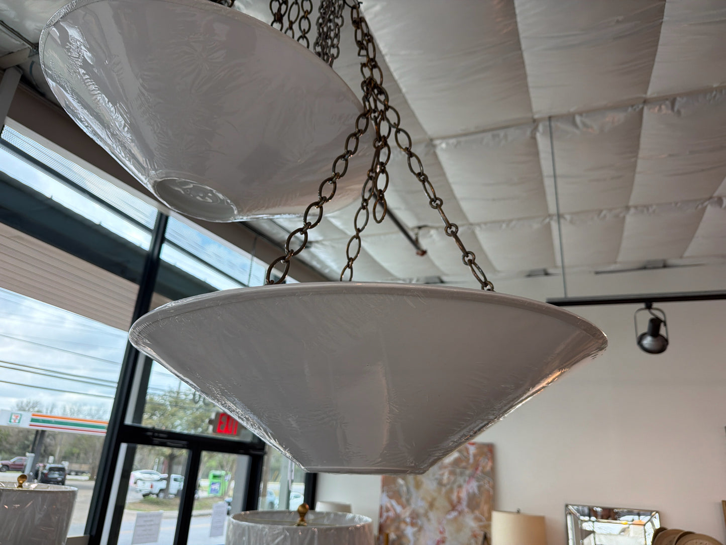 NEW CB2 Karamana 3 Light Fixture-Hardware behind desk