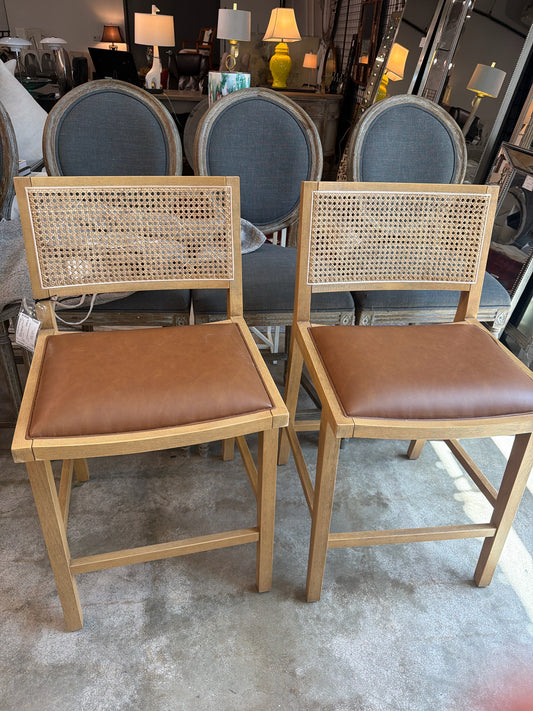 PAIR Four Hands Counter Barstools Cane Back Leather Seat