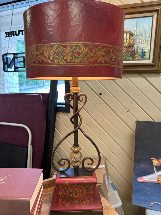 Maitland-Smith Red Hand Painted Lamp with Metal Twist and Oval Shade