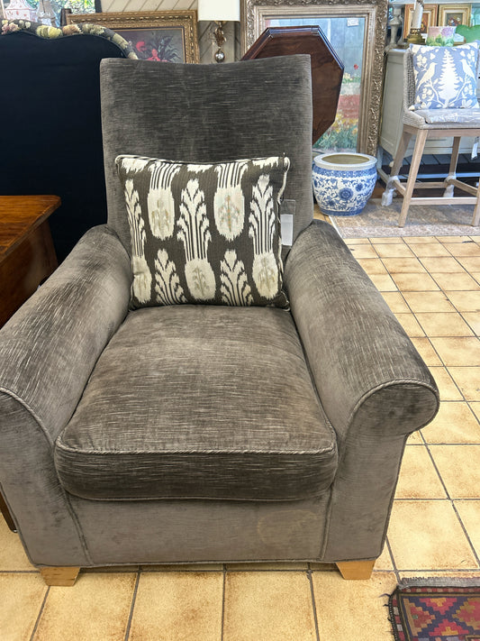 Gray Upholstered Club Chair With Throw Pillow