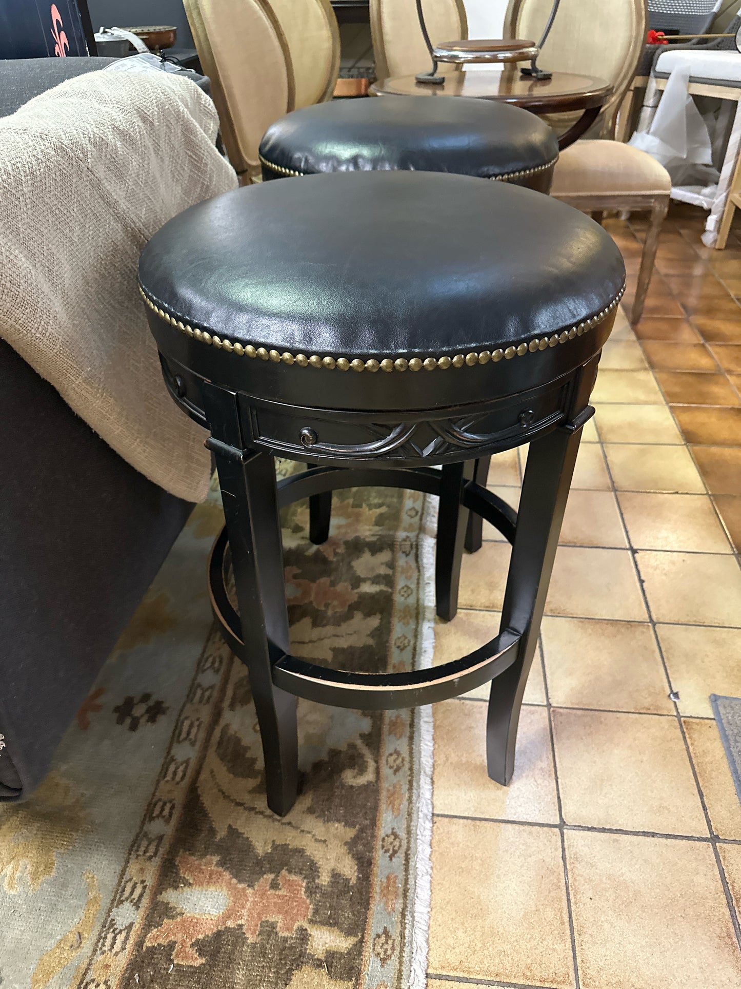 SET of 3 Black Leather Swivel "Belleville" Counter Stools