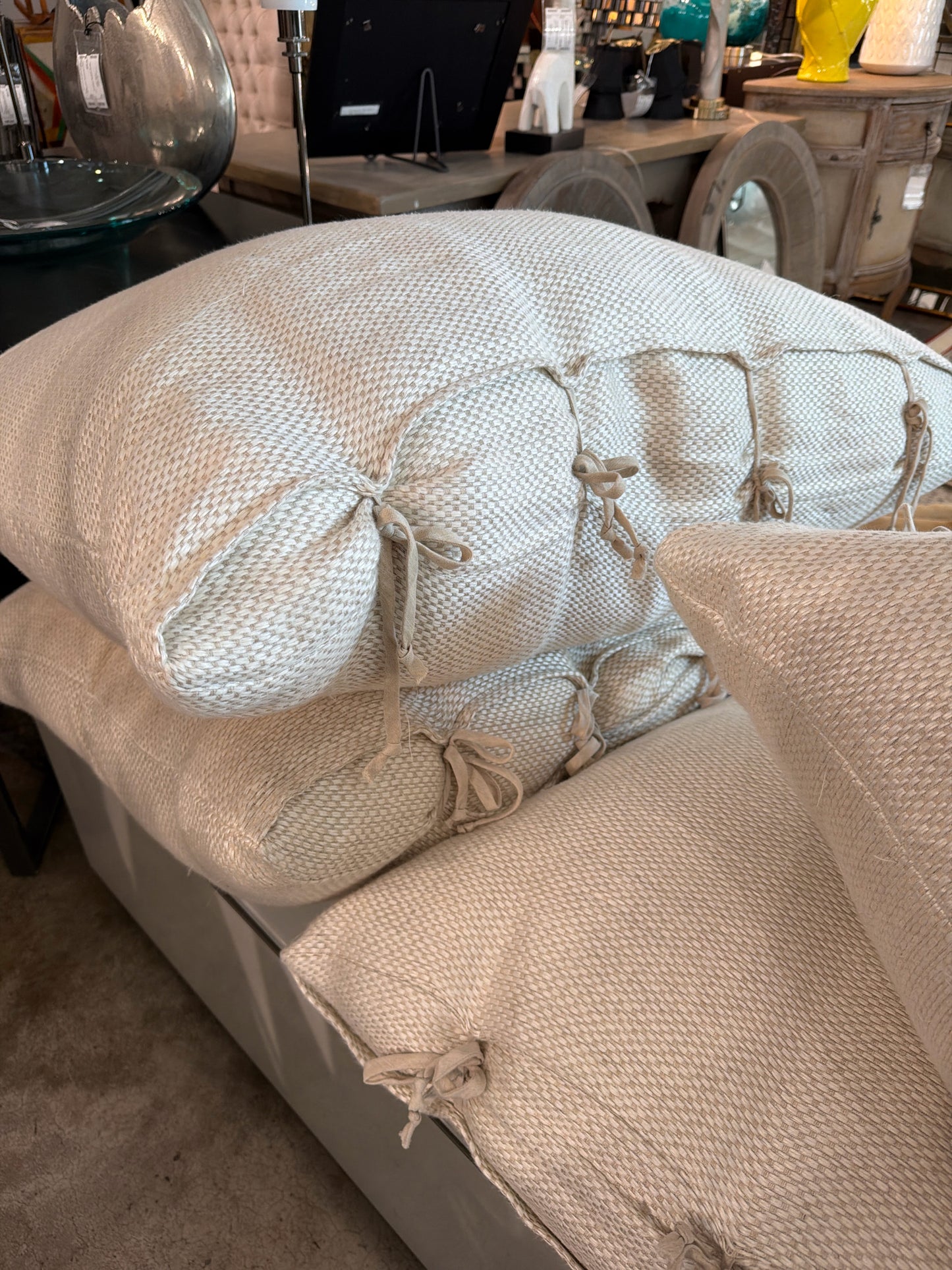 PAIR Four Hands Cream Oversized Floor Cushions w/ Ties
