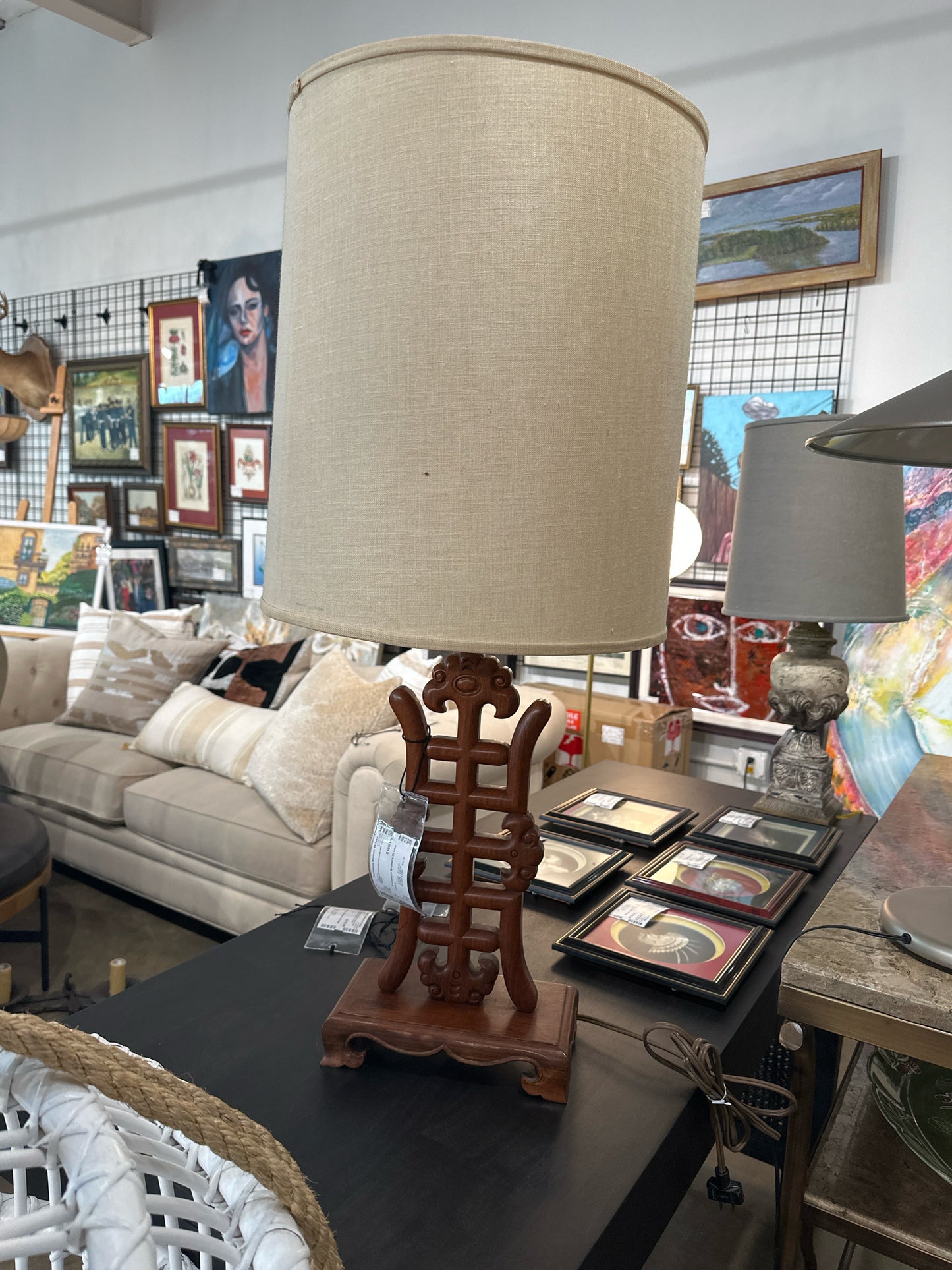 Vintage Asian Wood Lamp with Tan Shade