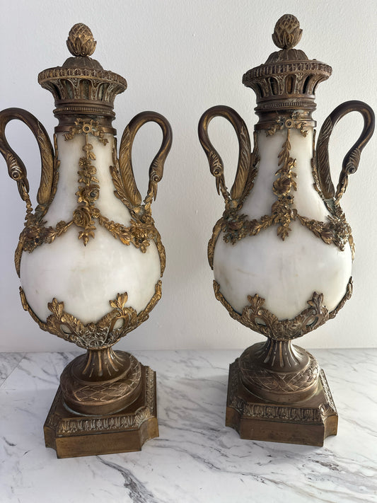 PAIR Antique French Empire Carrera Marble Bronze Cassolette Urns