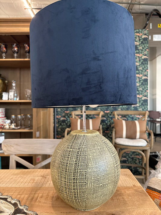 Mid Century Modern Round Lamp with Navy Velvet Shade