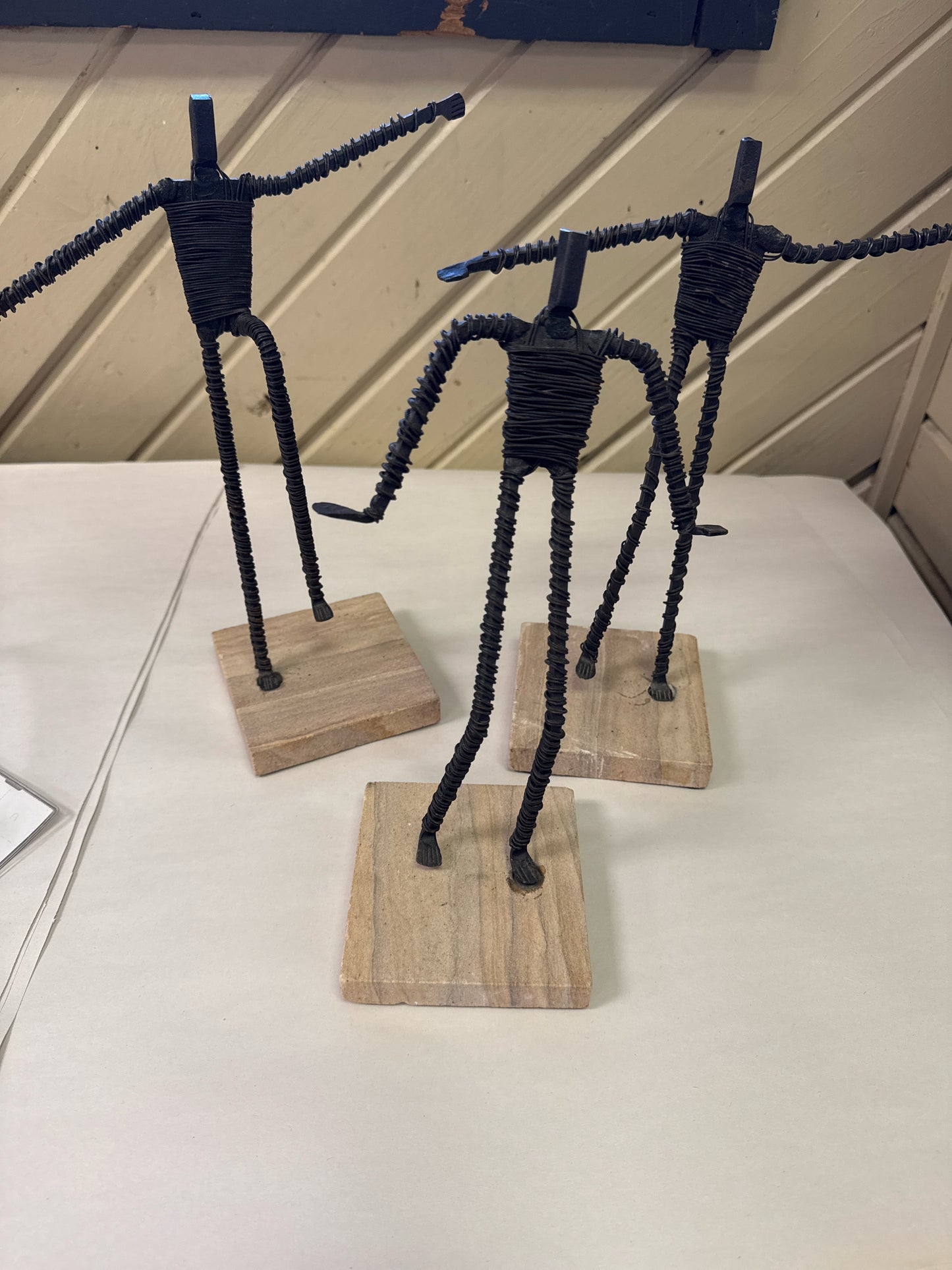 SET of 3 Metal Wire Brutalist Figural Art Sculptures on Stone Bases