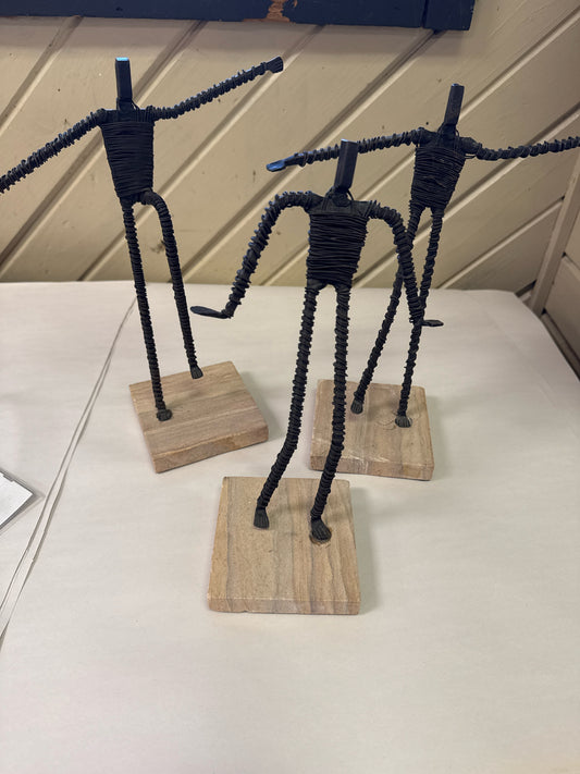 SET of 3 Metal Wire Brutalist Figural Art Sculptures on Stone Bases