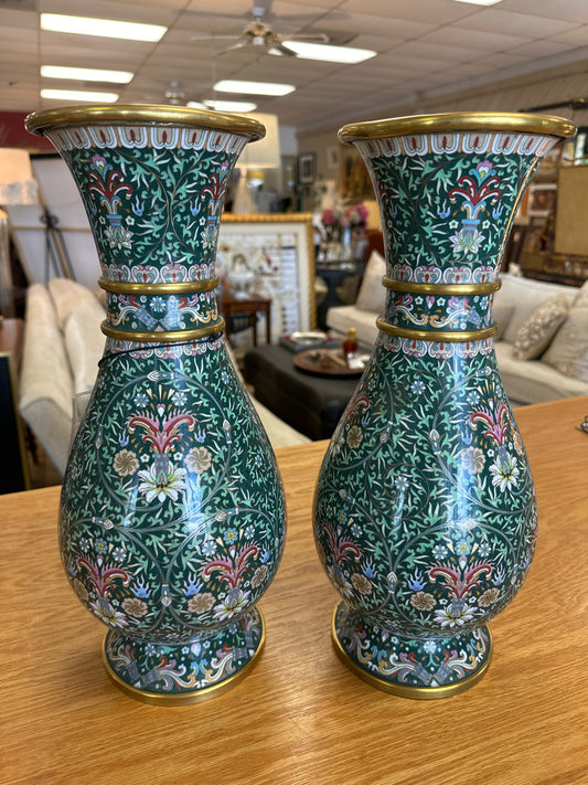 PAIR Green Gold Cloisonne Vases