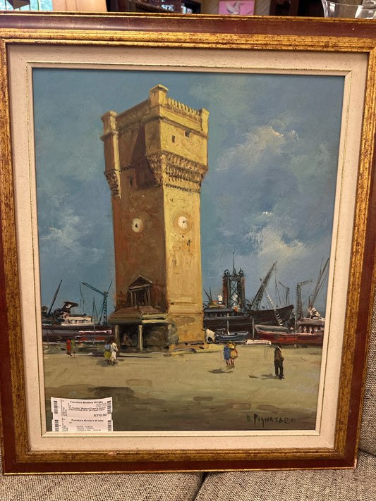 "La Torretta" Medieval Tower & Harbor in Savona Italy 20.5 x 24.5 Gold Frame