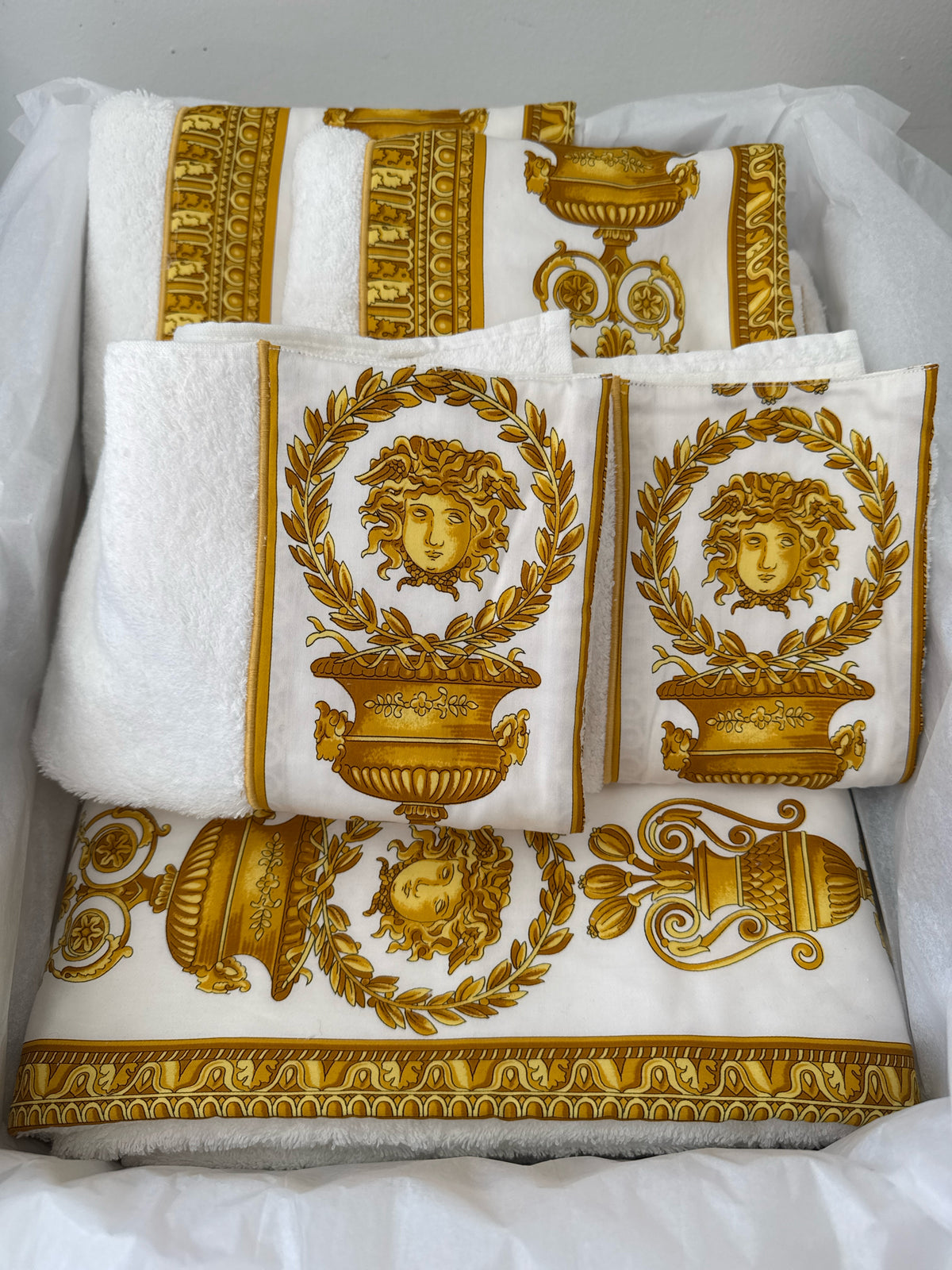 NEW Versace Medusa Baroque Towel Set: 1 Bath, 2 Hand, 2 Washcloth, Made in Italy