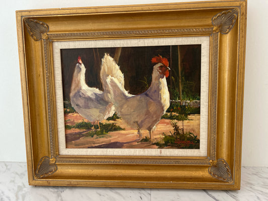 Framed Oil Painting Rooster & Hen by TX Artist Mary Rassmussen