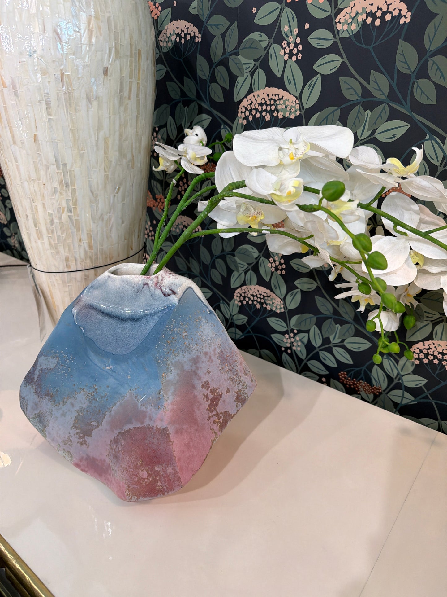 Signed Pink/Blue Wash Planter w/ Orchid