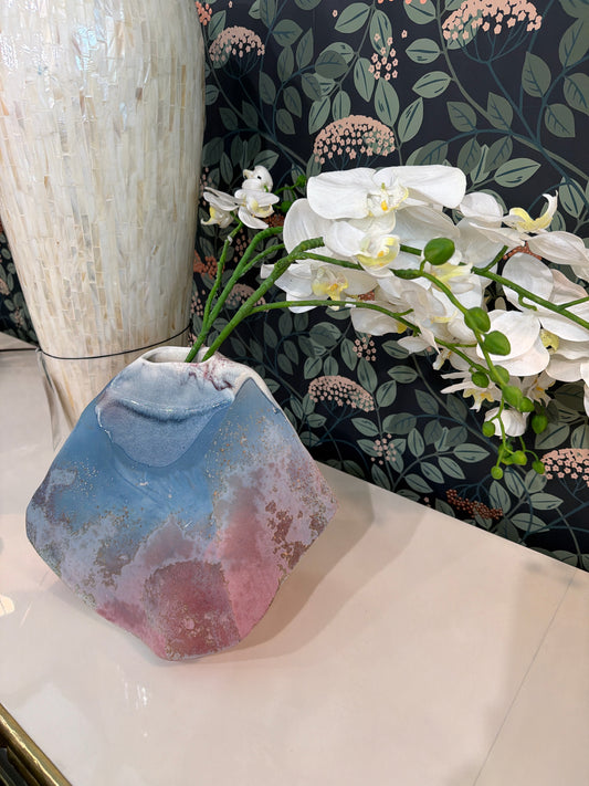 Signed Pink/Blue Wash Planter w/ Orchid
