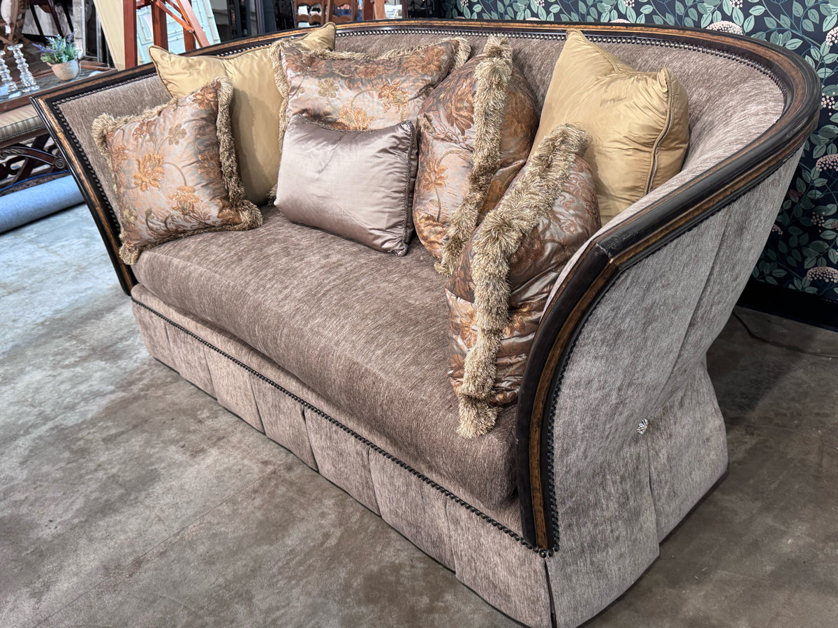 Marge Carson Brown Velvet Curved Sofa with Carved Wood w/ 7 Silk Pillows