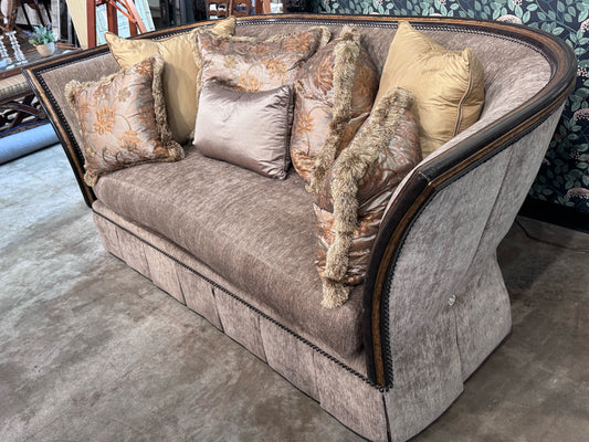Marge Carson Brown Velvet Curved Sofa with Carved Wood w/ 7 Silk Pillows