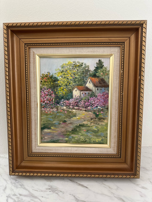 Signed Orig. Cottage w/ Pink flowers in Gold Frame 14 x 16