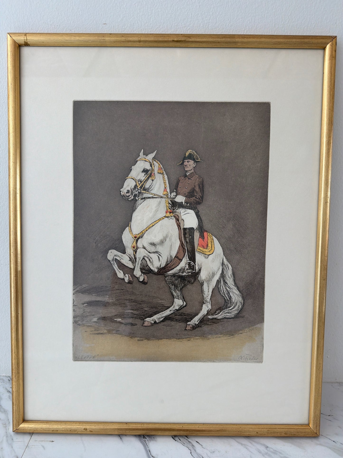 Lithograph of Lizzaner Horse & Spanish Rider Gold Frame 15.5 x 19