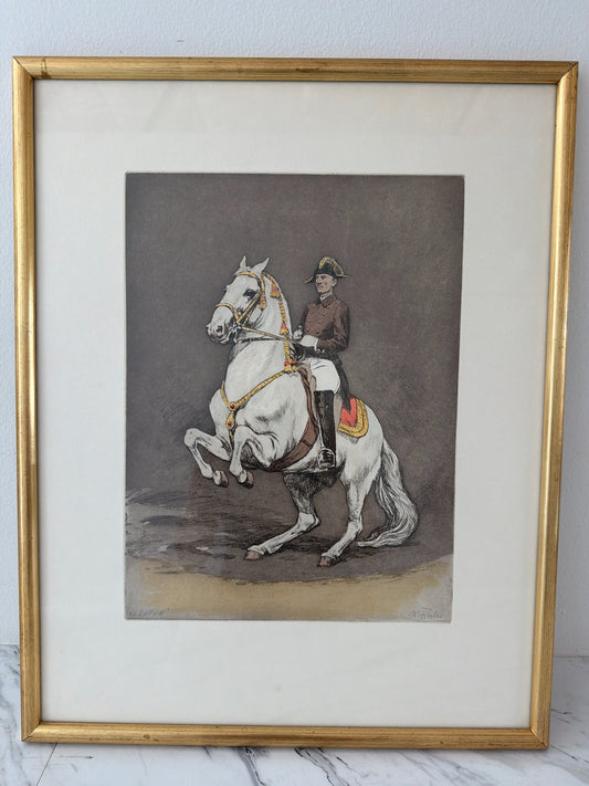 Lithograph of Lizzaner Horse & Spanish Rider Gold Frame 15.5 x 19