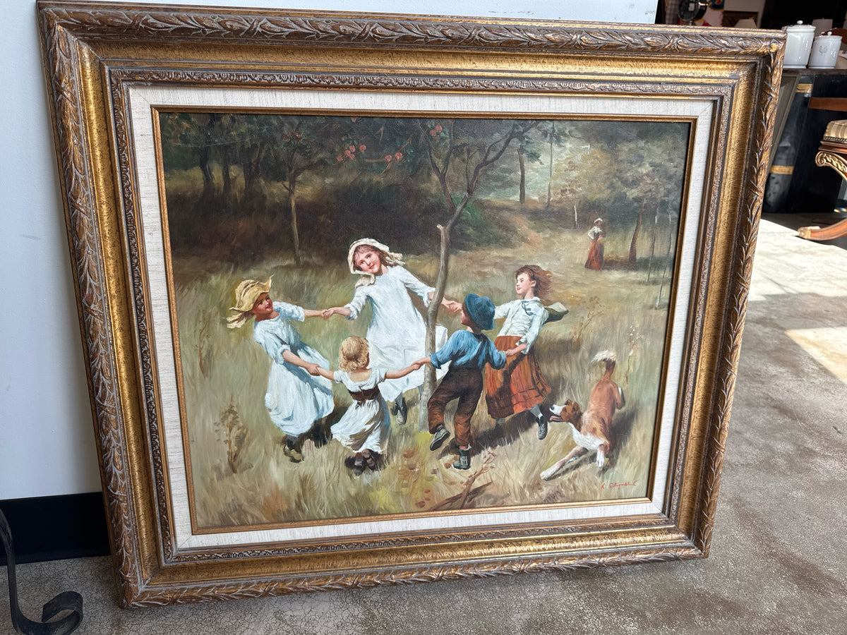 Original Oil of Dutch Children and Dog Playing (signed, 31x28")