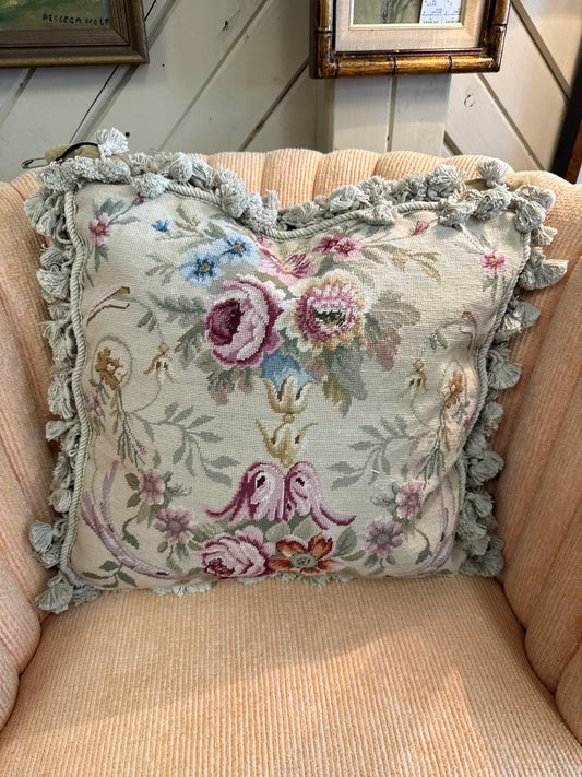 Tapestry Floral Pillow- Square w/ Fringe (19x19)