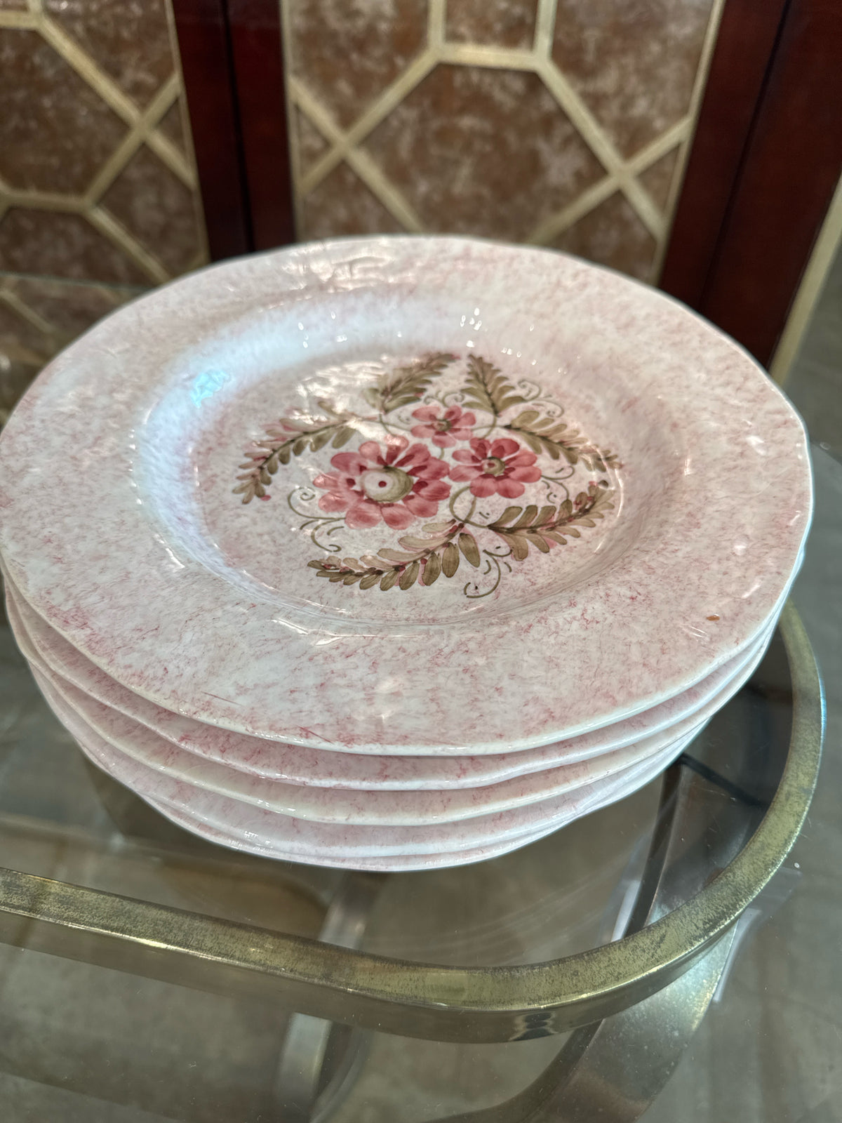 Set of 5 Arte Italica Handmade Rose/Taupe Floral Porcelain Plates, 10 3/4"