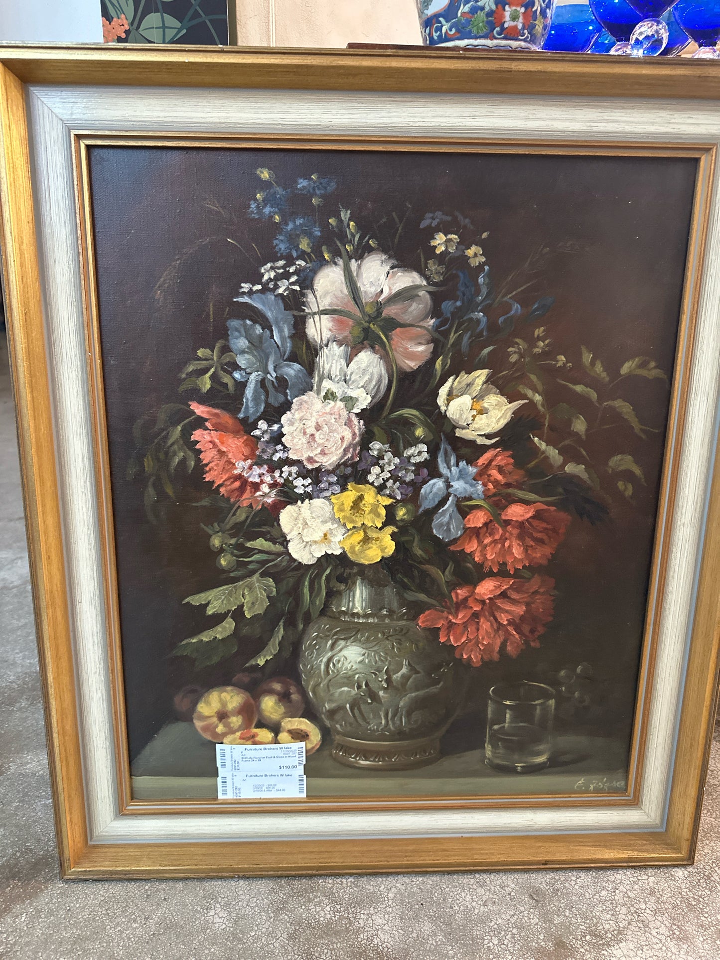 Still Life Floral w/ Fruit & Glass in Wood Frame 24 x 28