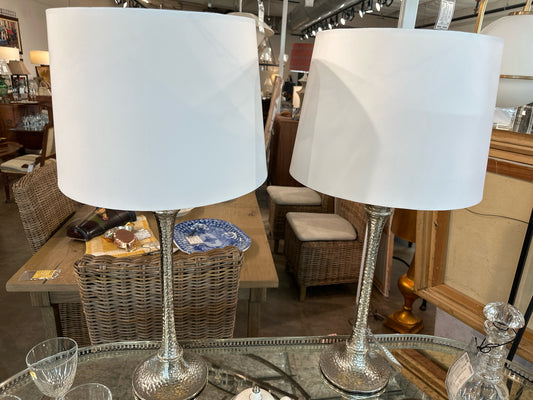 PAIR Silver Hammered Lamps w/ White Shades