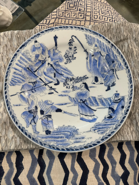 Vintage Hand Painted Blue & White Chinese Figural 10 1/2" Plate