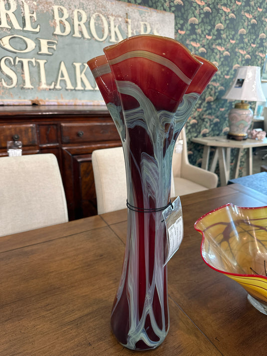Signed Wimberly Hand Blown Glass Vase Red/Blue/Auburn