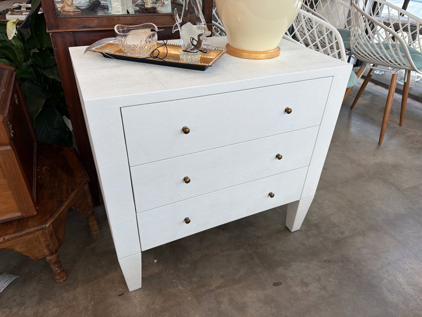 Made Goods "Soria" Nightstand Ivory 3 Drawer Brass Tone Hardware