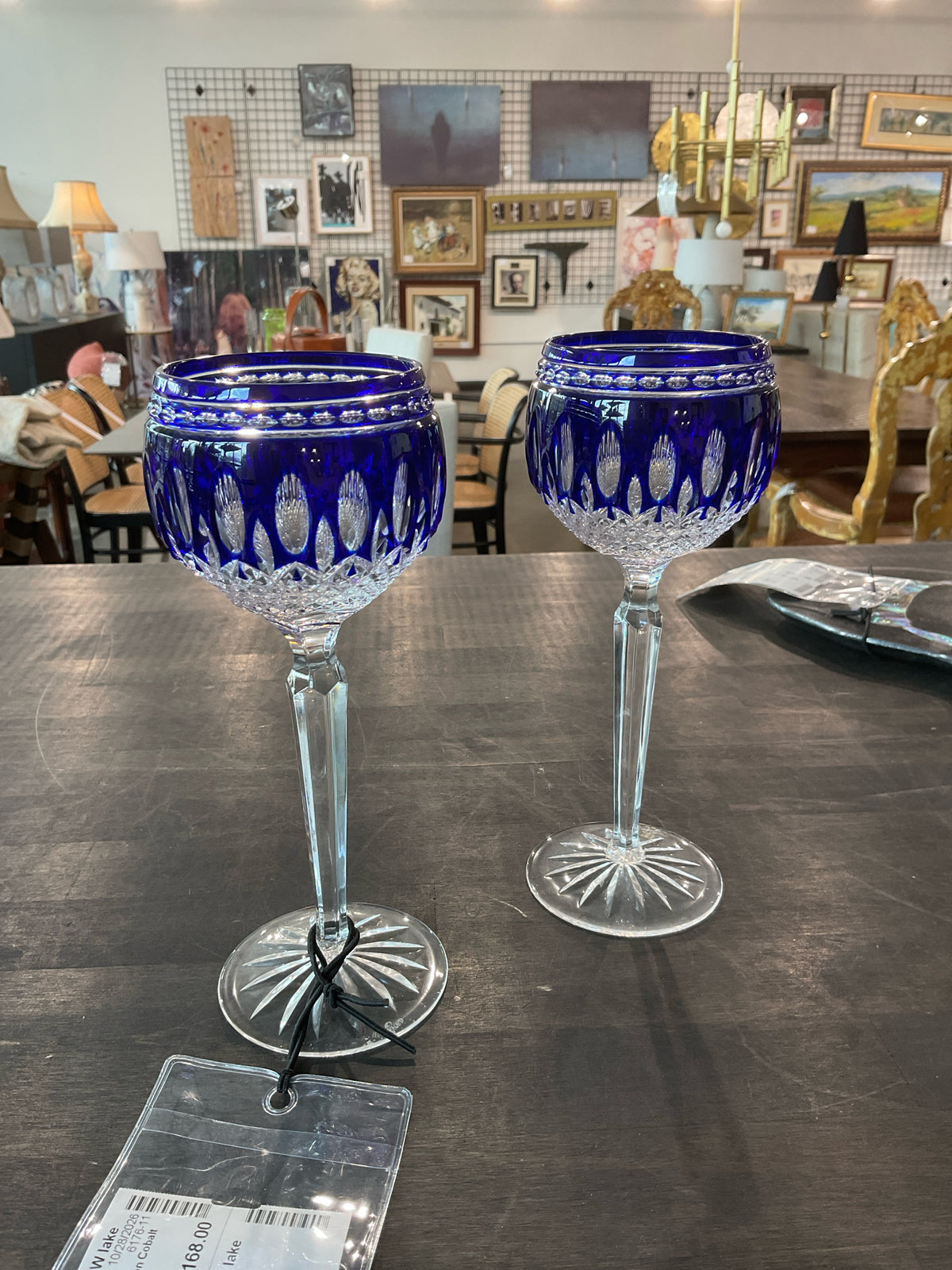 Waterford, PAIR of Clarendon Cobalt Blue Hock Wine Glasses
