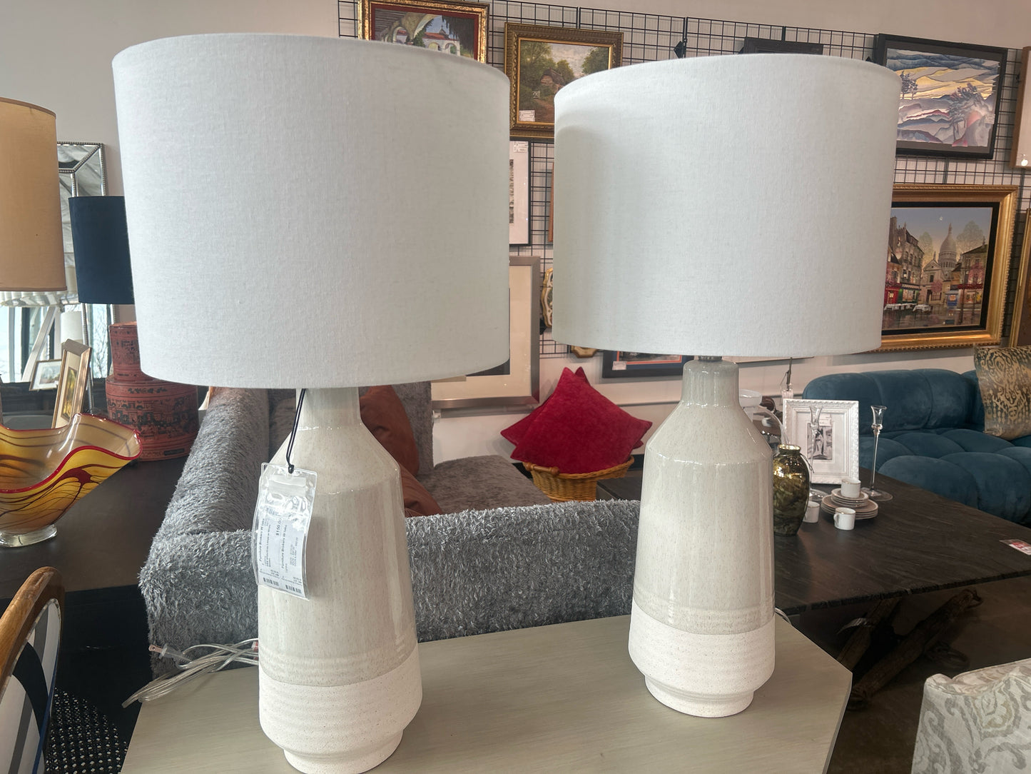 PAIR White/Grey Lamps w/ White Shades