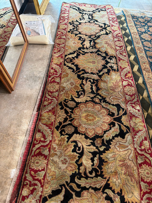 Fine Agra Black and Red Wool Rug 3' x 10'