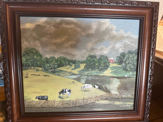 Signed- Cows in Pasture Wood Frame 15 x 13
