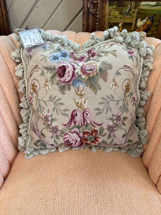 Tapestry Floral Pillow- Square w/ Fringe (19x19)