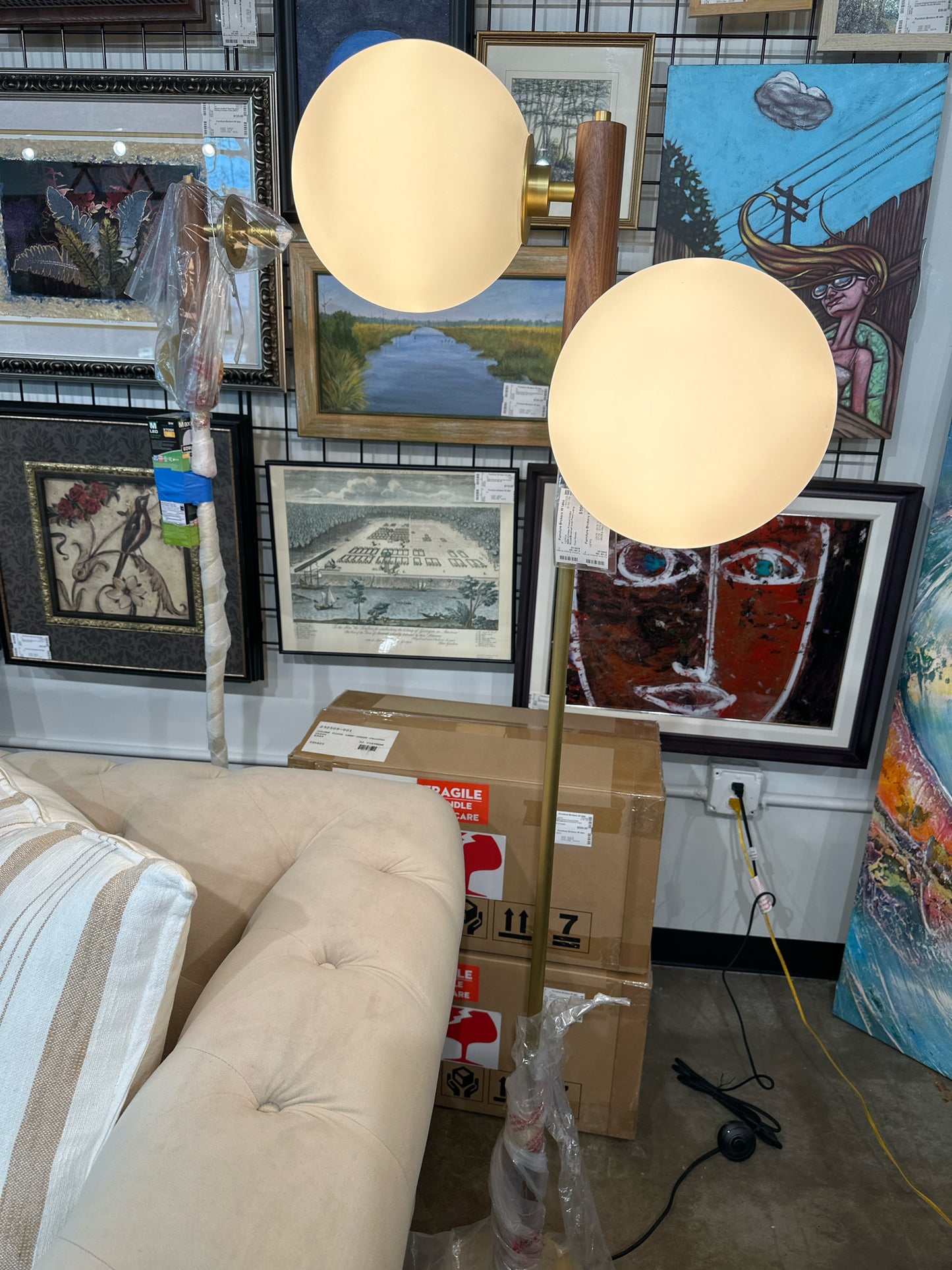 NEW-Colome Frosted Globe Wood/Brushed Gold Floor Lamp