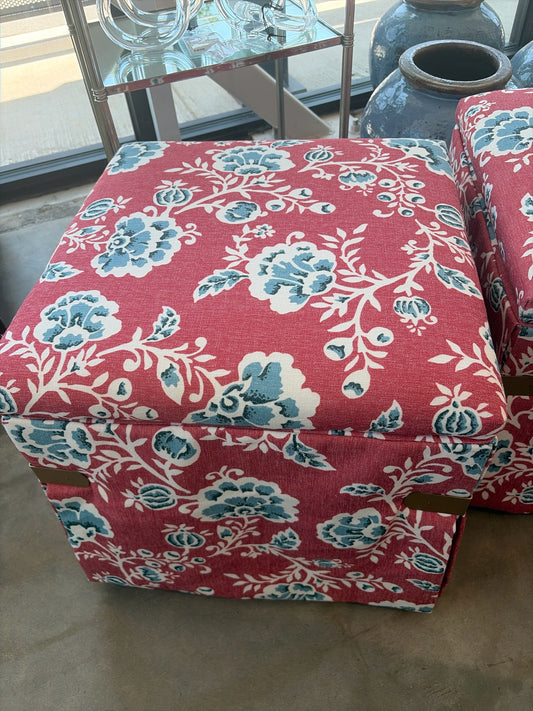 One Kings Lane Storage Ottoman-Red w/Blue/White Flowers