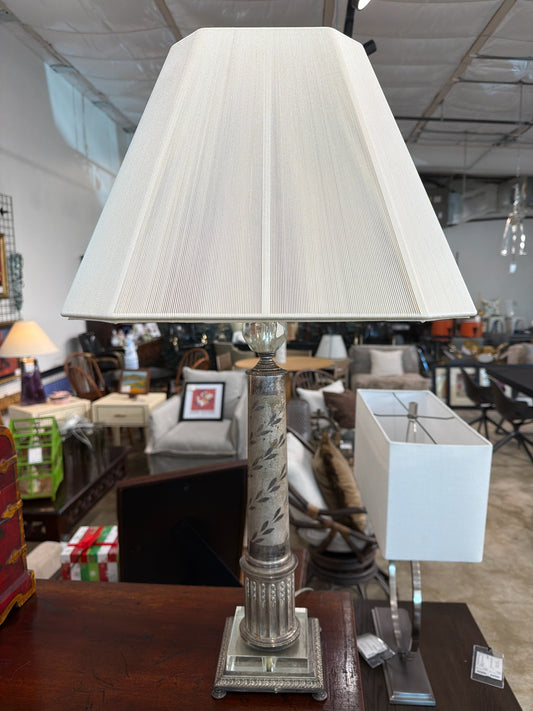 Antique Silver Plated Column Lamp Leaf Detail w/ Silk Shade
