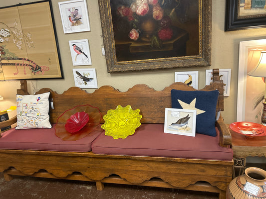 94" Long Carved Wood Bench w/ Red Cushions