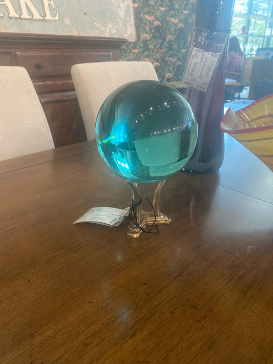 Blue Glass Crystal Ball W/ Brass 3- Prong Pedestal