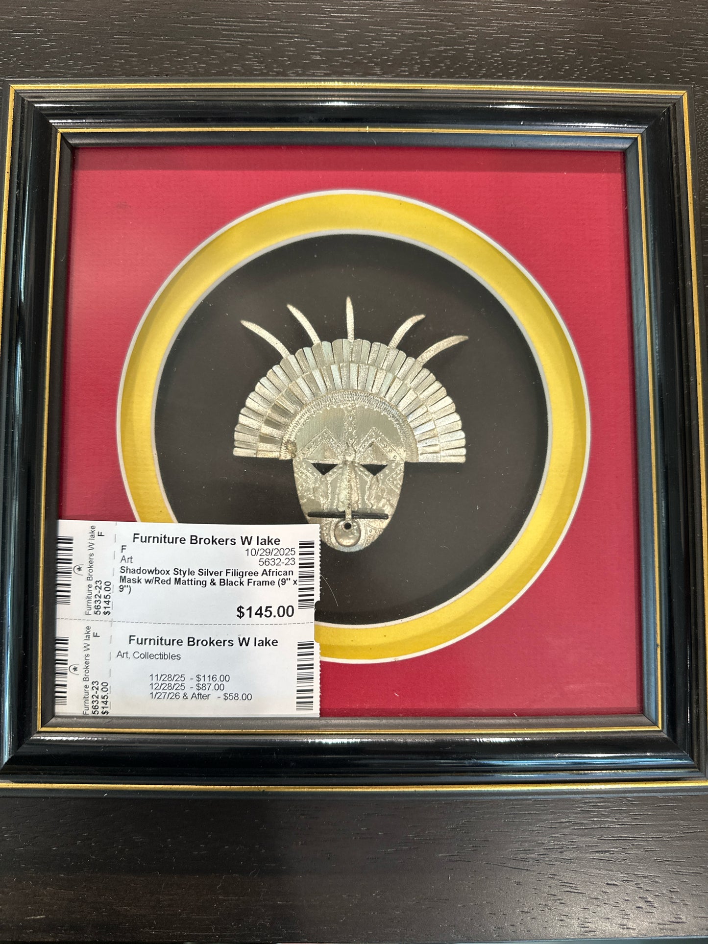 Shadowbox Style Silver Filigree African Mask w/Red Matting & Black Frame (9" x 9