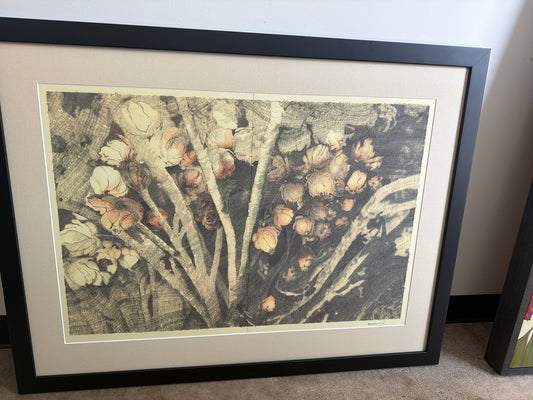 Signed Etching of Flowers in Black Frame 41 x 31.5