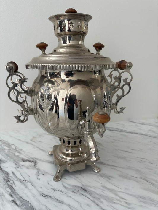Silver Plate Russian Samovar w/ Wood Detail