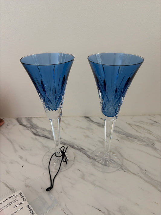 PAIR Waterford Lismore Sapphire Crystal Fluted Champagne Glass