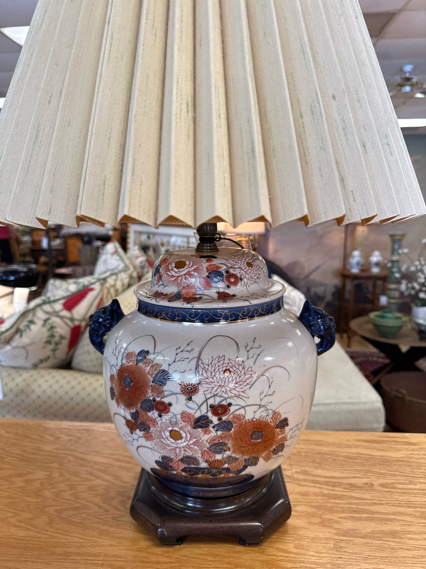Vintage Hand Painted Imari Lamp with Pleated Shade