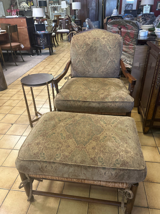 Wood Ladder Back Arm Chair With Rush Seats And Upholstered Tie Back Cushions An