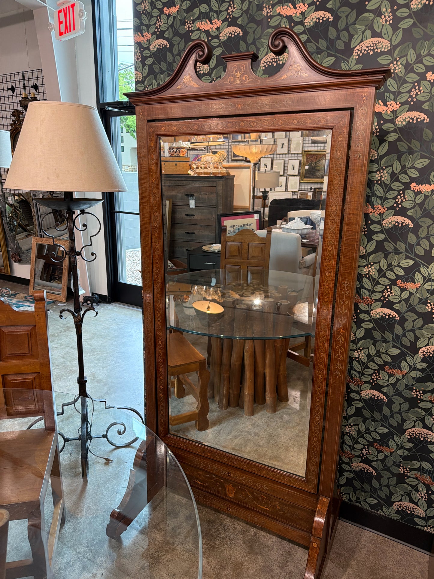 English Antique Pier Beveled Floor Mirror w/ Marquetry on Casters