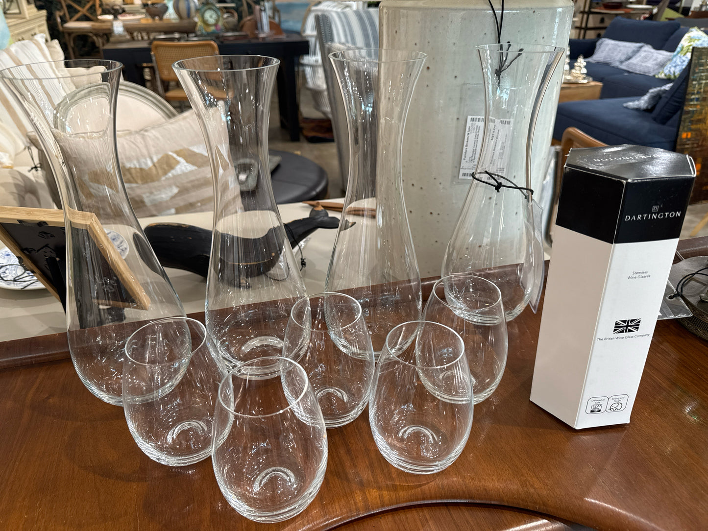 Dartington England Crystal Wine Tasting Set: 4 Carafes + 7 Stemless Wine Glasses