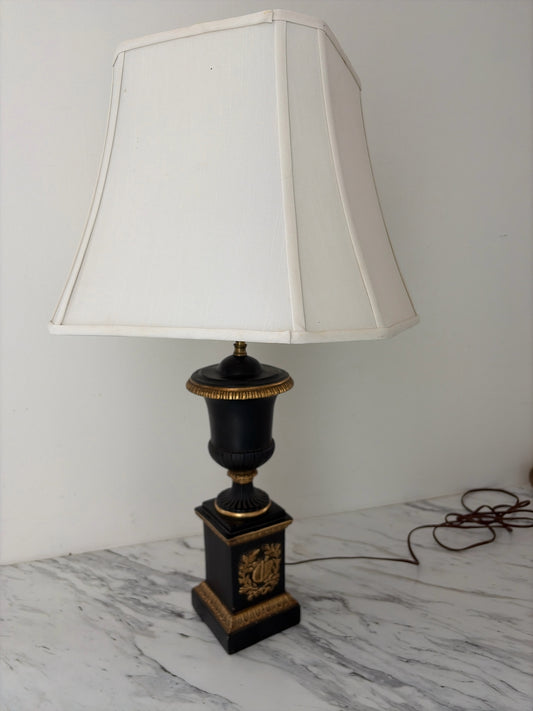 Neoclassical Black Urn w/Gilt Detailing Lamp w/White Silk Shade